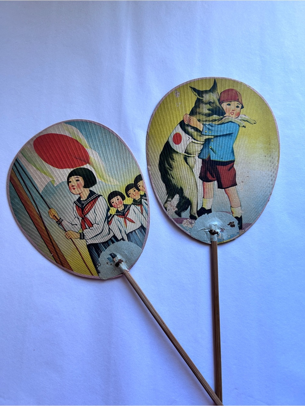 Vintage Japanese Uchiwa Paddle Fans Set of 2 Children Dog Flag Bamboo Collector